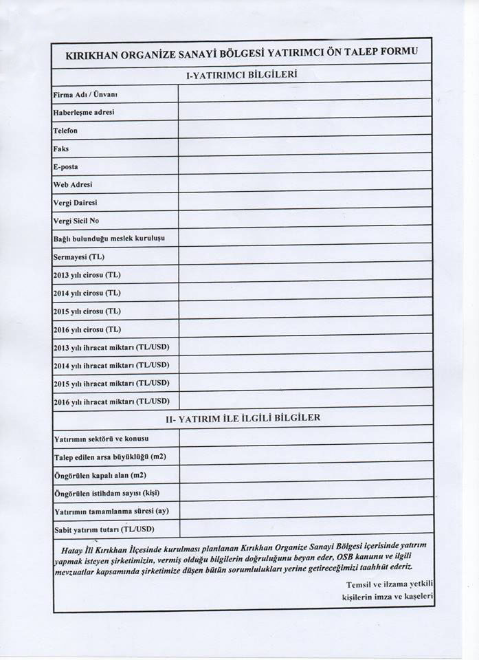 KIRIKHAN OSB’NİN YATIRIMCILARA YÖNELİK ÖN TALEP İÇİN SON BAŞVURU TARİHİ 31 EKİM 2017