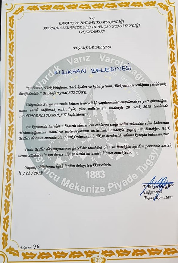 İSKENDERUN 39. MEKANİZE TUGAY KOMUTANLIĞINDAN AYHAN YAVUZ’A TEŞEKKÜR