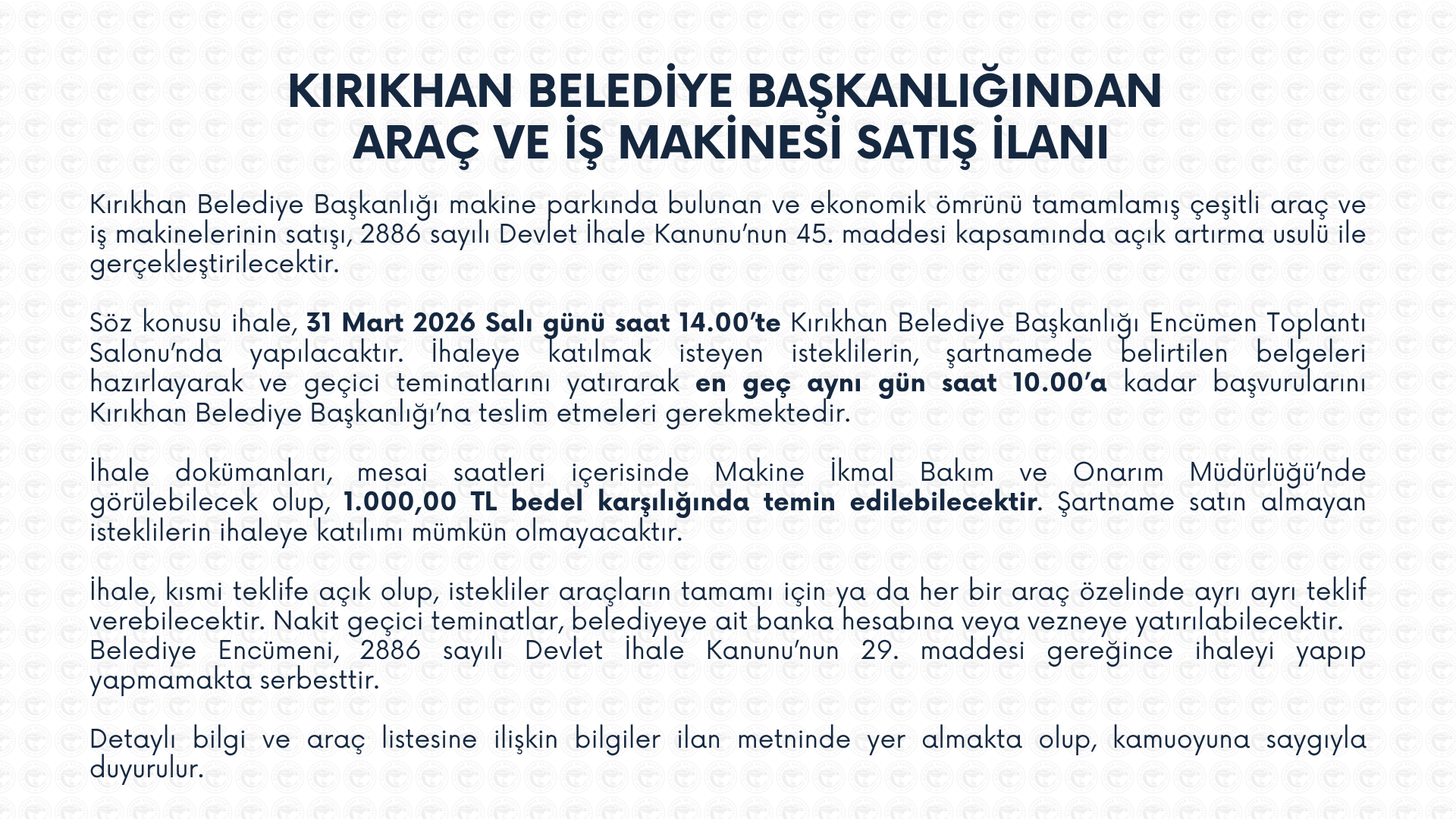 KIRIKHAN BELEDİYE BAŞKANLIĞINDAN ARAÇ VE İŞ MAKİNESİ SATIŞ İLANI
